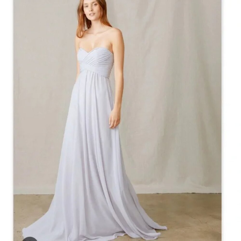 Amsale “Sarabeth” Strapless Sweetheart Silk Chiffon Dove Maxi Bridesmaid Dress